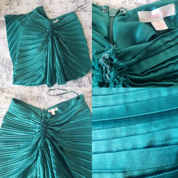 LUXXEL Deep Teal Emerald Green Ruffled Costume Piece w Halter Crop Top + Skirt - Picture 8 of 16